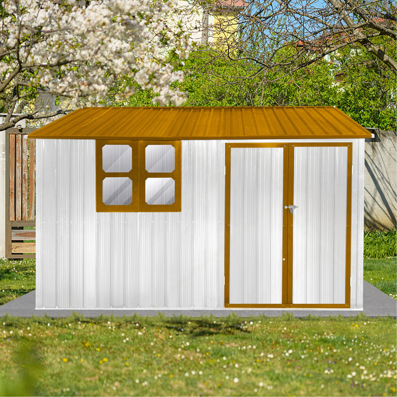 Abri de jardin en métal 10 pi x 8 pi avec rangement blanc et jaune avec fenêtre, H 81,1 po x l 118,15 po x P 102,36 po