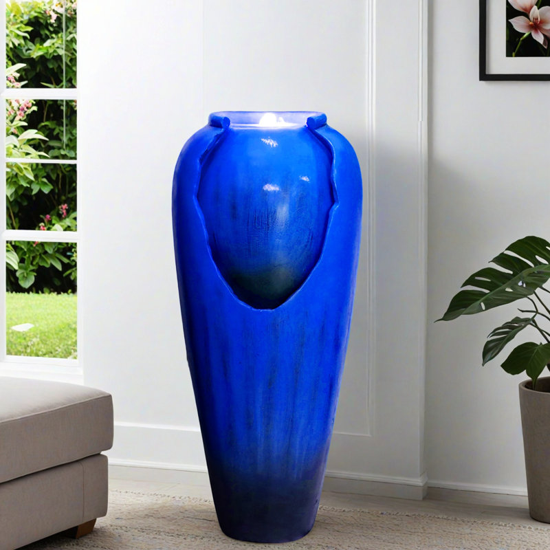 Handcrafted Concrete / Cement Urn Fountain with Lights, Blue