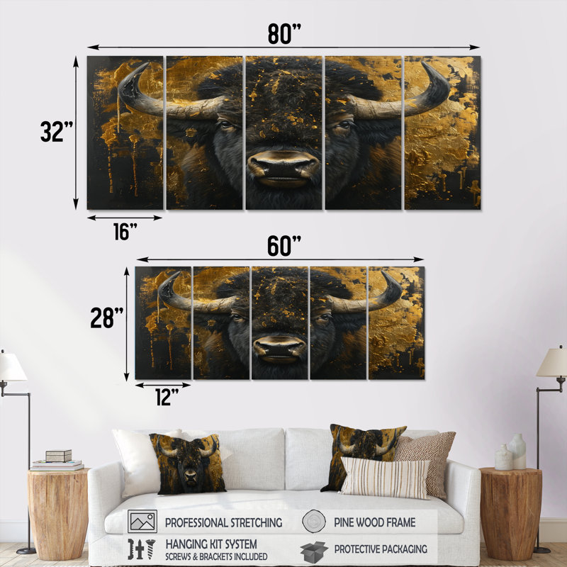 Noir et or, portrait de bison Glory I - ensemble d'art mural animal Buffalo, H 28 po x l 60 po