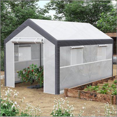 Outsunny 12' x 7' x 7' Walk-In Greenhouse, Outdoor Garden Warm Hot House with 4 Roll-up Windows, 2 Zippered Doors and Weather Cover