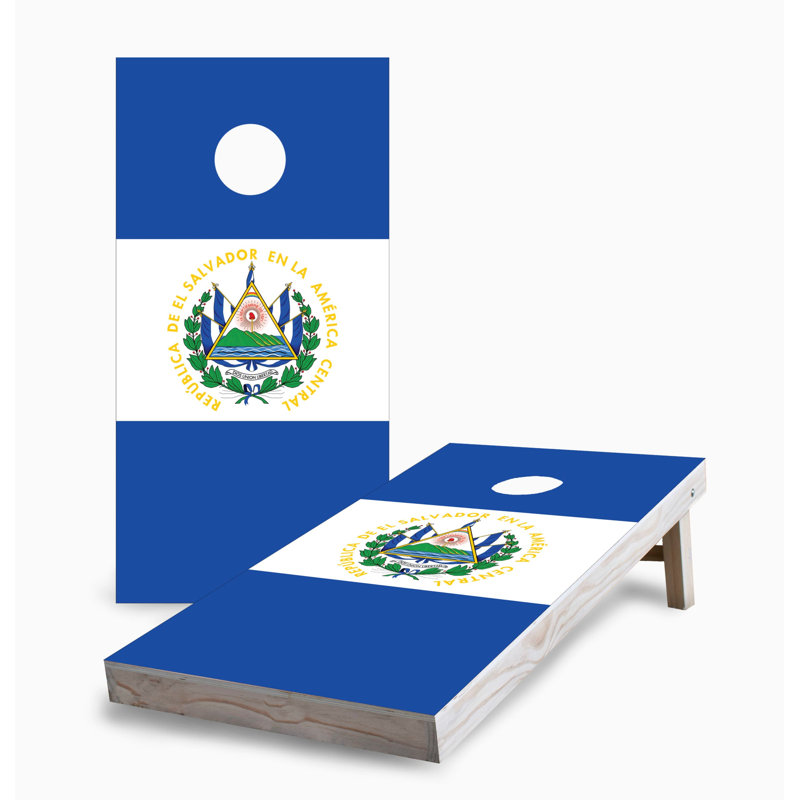 Ensemble de jeu de cornhole 2 x 4 avec drapeau El Salvador | Comprend (2) planches (8) sacs et accessoires optionnels