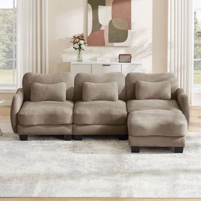 Canapé en L Chenille avec 1 repose-pieds mobile, canapé modulaire surdimensionné à 3 places avec 3 coussins de taille exquise, conception ergonomique, canapé modulaire facile à assembler pour le bureau du salon