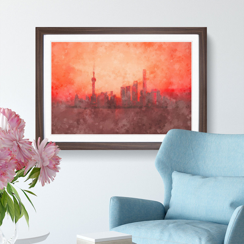 The Shanghai China Skyline - Picture Frame Painting Print, 62cm H x 87cm W x 2cm D, Walnut Framed