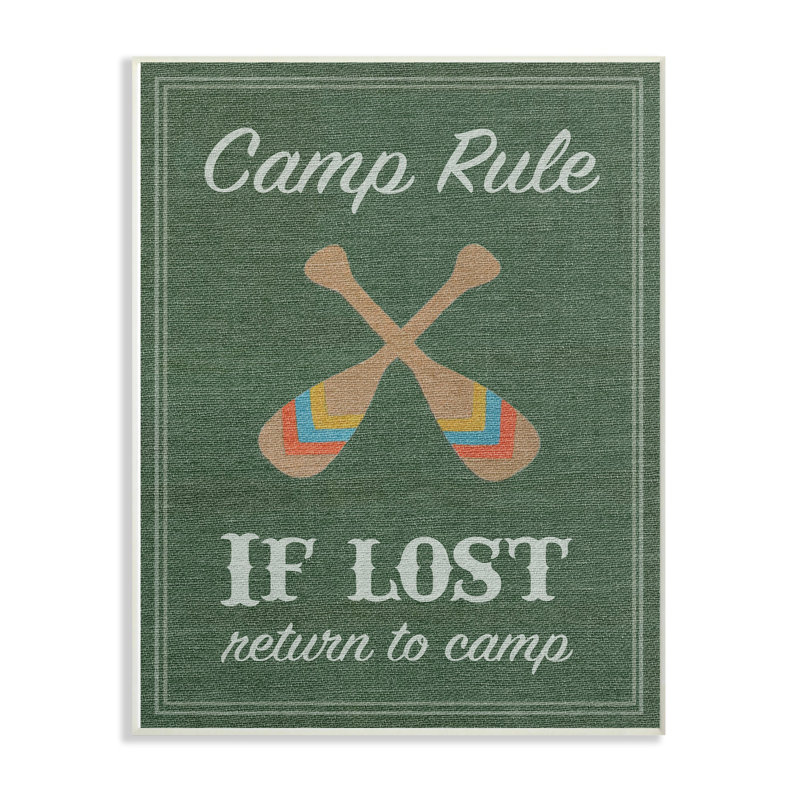 « camp rule avirons green », art textuel, H 19 po x l 13 po x P 0,5 po, Bois