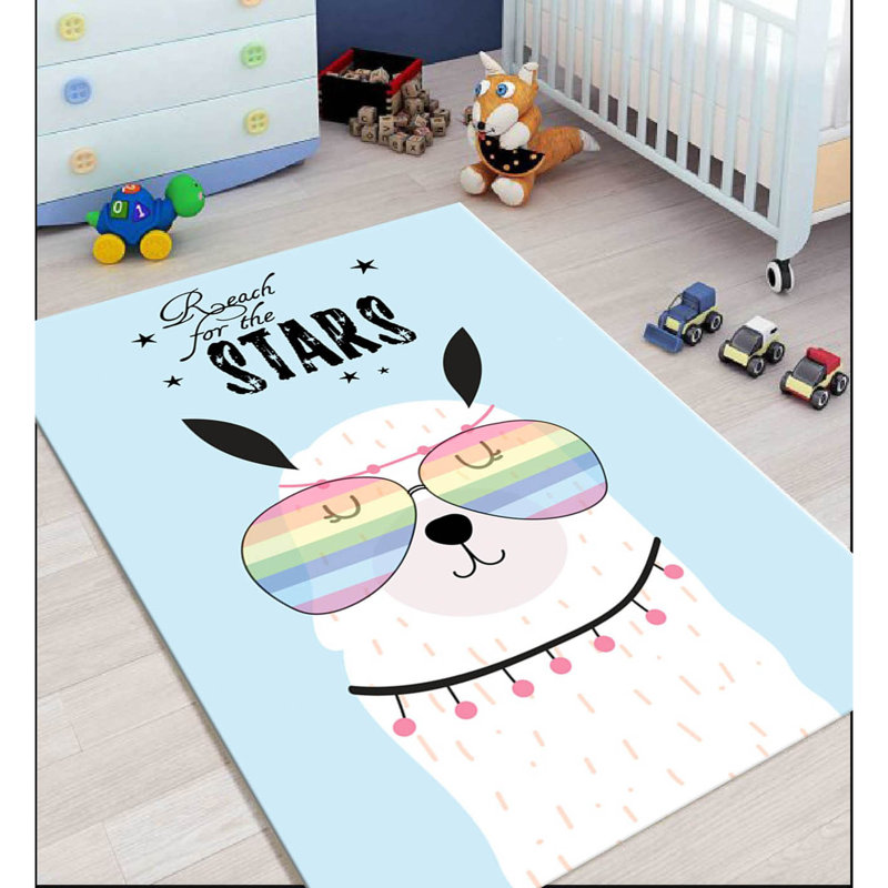 Tapis rectangulaire tissé à la machine en polyester bleu clair / blanc Tumlin, Rectangle 4 pi 11 po x 7 pi 7 po
