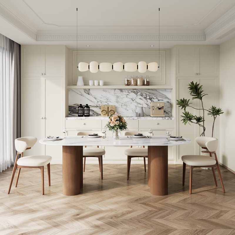 Ensemble de table de salle à manger 71 "ovale blanc moderne avec 6 chaises, Brun