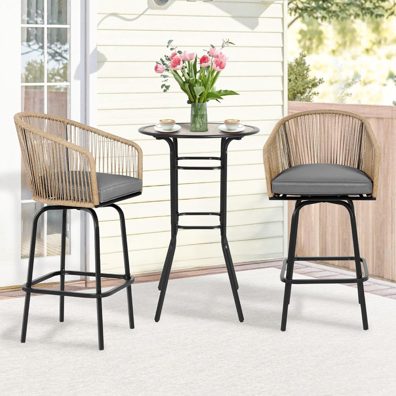 3-Piece Outdoor Rope Woven Bar Set With Soft Cushions, Gray