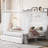 Metal Canopy Platform Bed Queen Size With Upholstered Headboard & 2 Unit , White And Two Storage Pockets,
