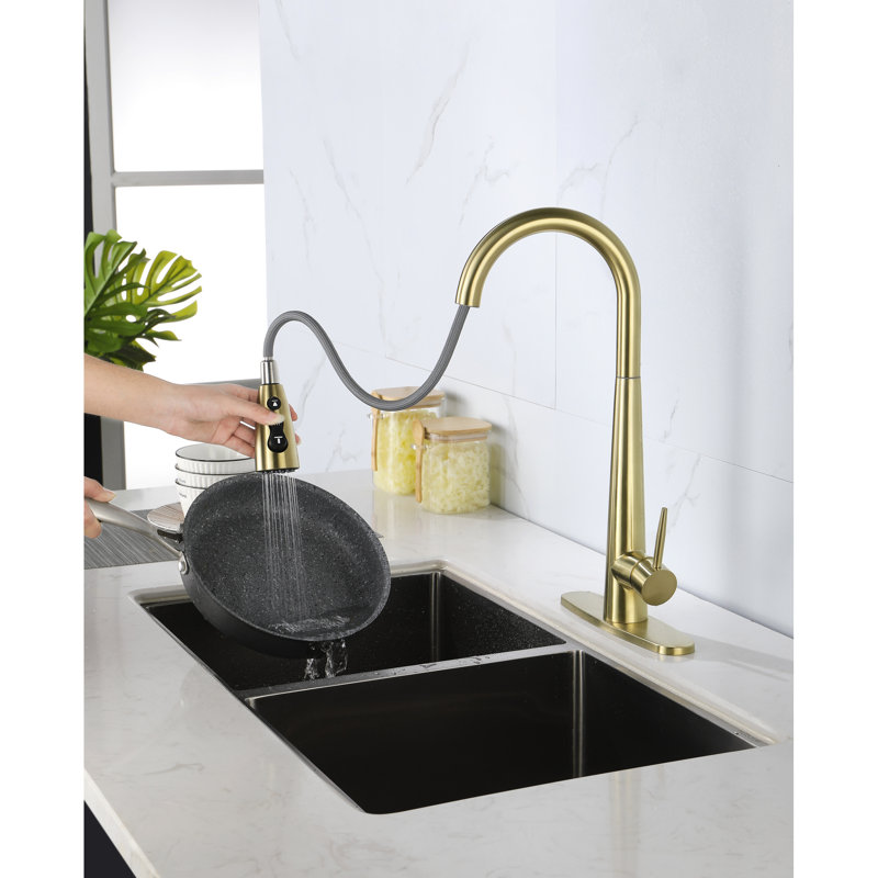 Robinet de cuisine doré avec empreinte rétractable, fixation sur le comptoir à un trou, bec rotatif à 360 °, douchette rétractable en acier inoxydable doré, fixation, sortie tournante, fin