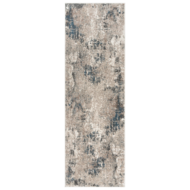 Maia Huma Modern Abstract Beige Black Blue Polypropylene Area Rug, Runner 2'2" x 6"