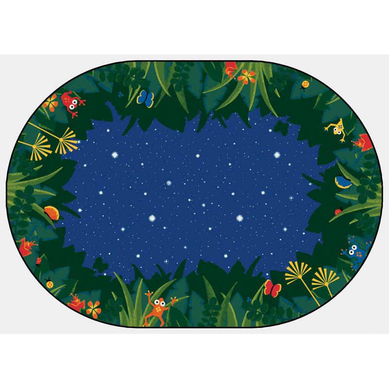 Peaceful Tropical Night Tufted Blue/Green Area Rug, Oval 8' x 12'
