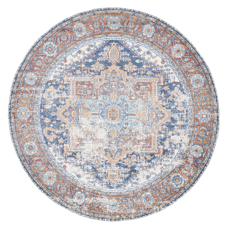 Fessler Oriental Navy/Rust Area Rug, Round 6'7"