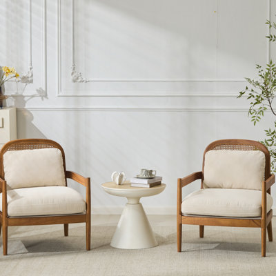 De 2 fauteuils de style Mid-Century avec dossier en bois massif à finition noyer, dossier et revêtement rayé pour salon 26,6 po