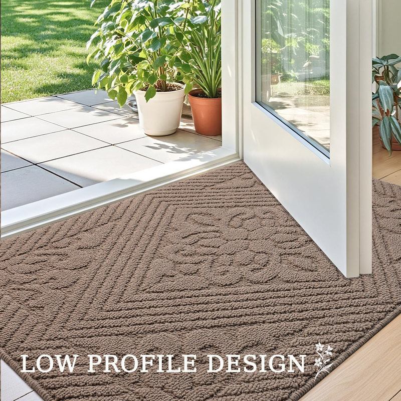 Large Floral Indoor Outdoor Doormat,Machine Washable Low Profile Non-Slip Rug for Front Back Door,Entry, 15" W x 24" L, Khaki