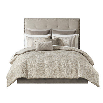 Khaki 12 Piece Queen Bed , Pattern, Gold Thread Woven, And Machine - Washable Size Ensemble In Khaki, Featuring Pattern With Items