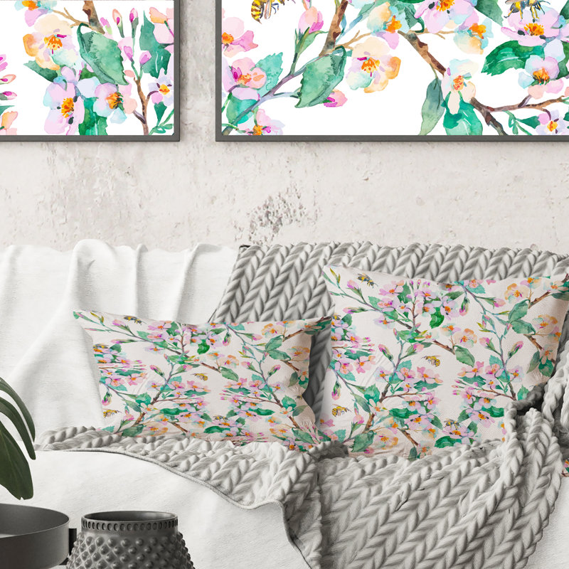 Motif printanier avec branches fleuries et abeilles - Coussin décoratif à motif, 18 po x 18 po