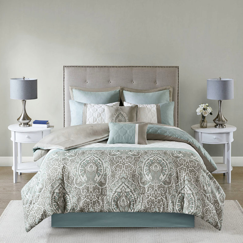 Édredon 8 pièces pour très grand lit - avec 2 coussins décoratifs jaunes, gris et taupe, Seafoam
