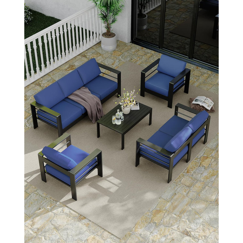Ensemble de conversation modulaire d'extérieur en aluminium 5 pièces, Bleu
