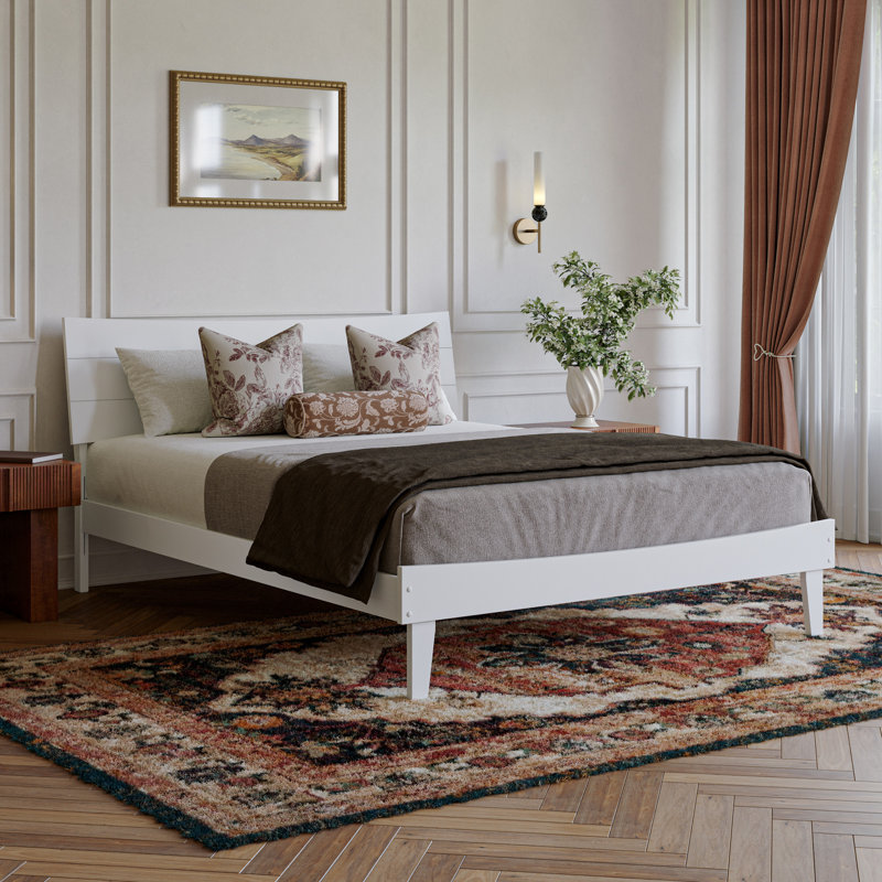 Lit plateforme en bois Phoenix avec pied de lit assorti, Blanc, Grand lit
