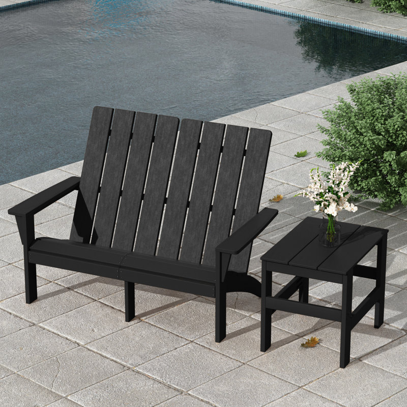 Modern Adirondack Outdoor Loveseat With Side Table, Weather-Resistant Patio Seating Set For Backyard Comfort, Black