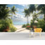 Papier peint floral de plage tropicale - palmiers verts luxuriants, mer bleue et ciel ensoleillé, fond de paradis naturel pour un décor d'été, utilisation relaxante