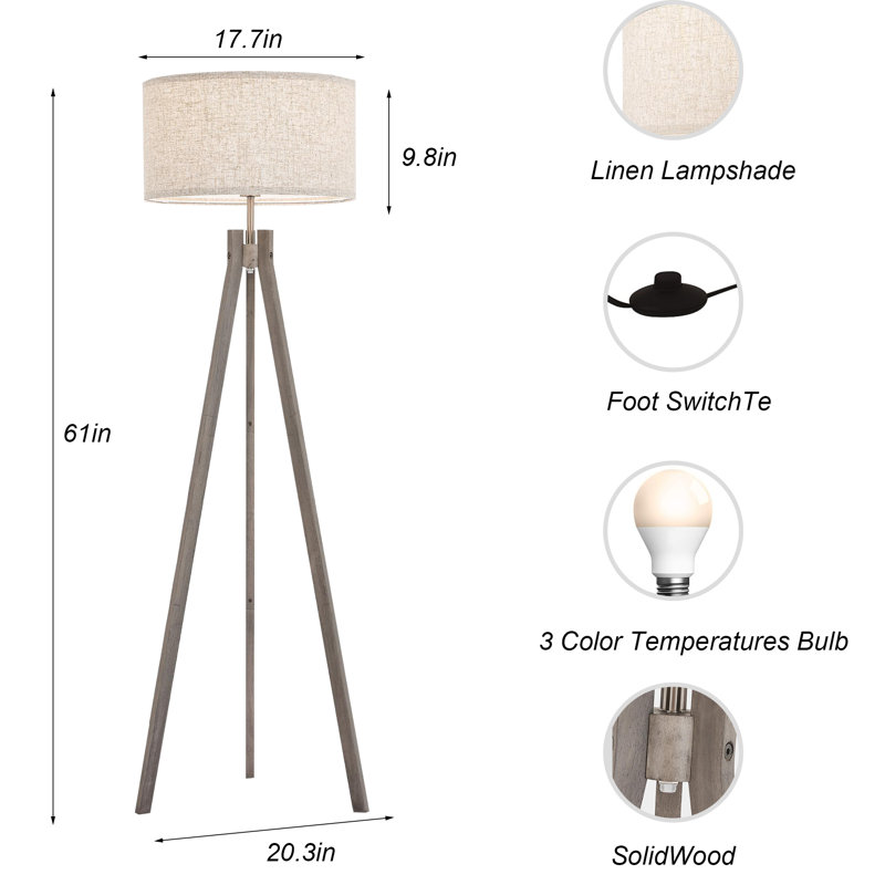 Wooden Tripod Floor Lamp – Mid-Century Reading Light With 3 Color Temperatures & Linen Shade, Gray
