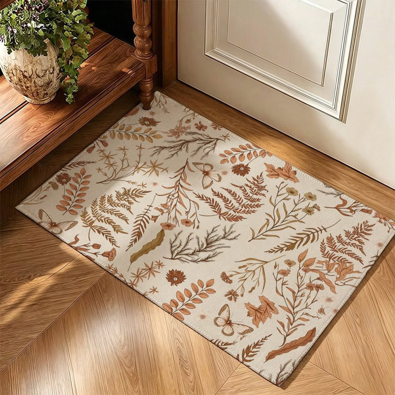 Tapis d'intérieur 120 x 80 cm à motif botanique neutre, style champêtre vintage, motif de feuilles.