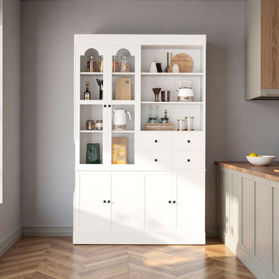 Freestanding Buffet With Hutch, 75" Tall Kitchen Pantry Cabinet With 4 Drawers, Glass Doors & Pull-out Trays, Shaker Style Storage For Dining Room, Li by Wildon Home