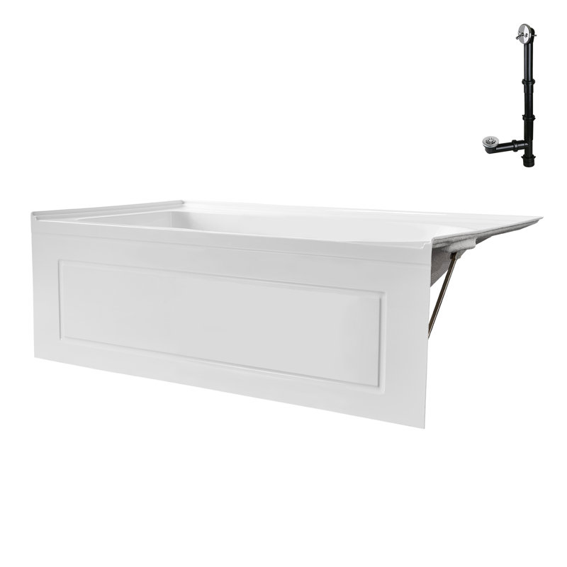 Baignoire en alcôve en acrylique blanc brillant avec drain extérieur 60 po x 32 po Streamline, Chrome poli