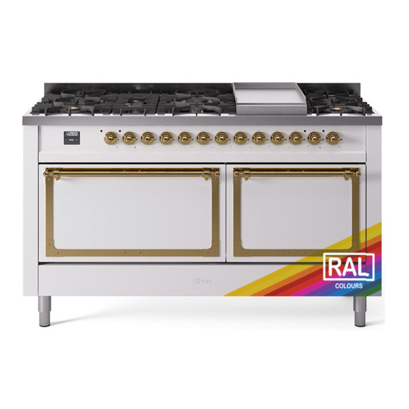 ILVE Nostalgie II Series Noblesse 60 inch Dual Fuel Range with 9 Sealed Burners, Griddle (Glass Door), Brass, Liquid Propane