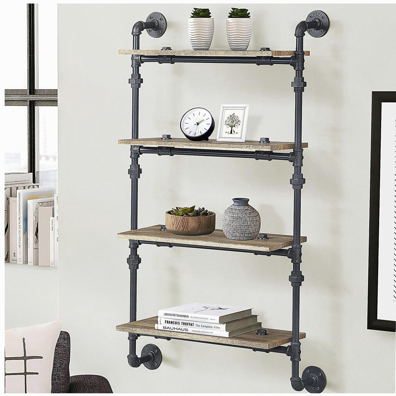 Oak and beach black rectangular four-tier shelf