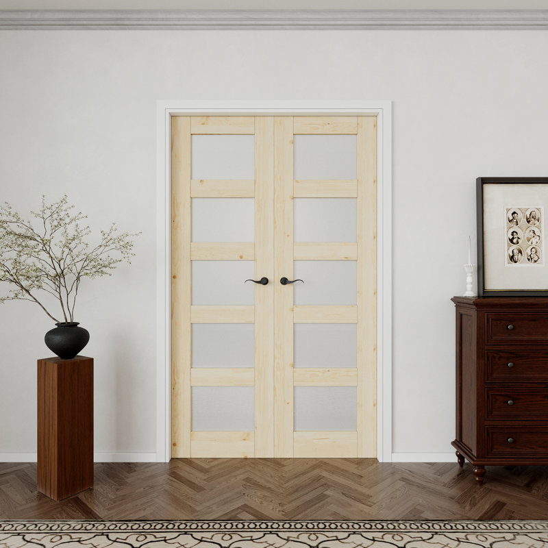 Porte prémontée en bois massif givré 5 pièces avec quincaillerie / cadre Iinterior, 48 po x 80 po, Or/noir
