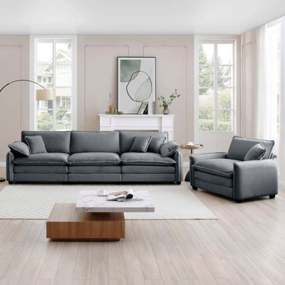 Ensemble de canapé de style Mid-Century moderne comprenant deux, un canapé 3 places et un canapé simple avec 2 accoudoirs et 4 coussins décoratifs, ensemble de canapé 2 pièces pour le salon, tissu en velours côtelé gris