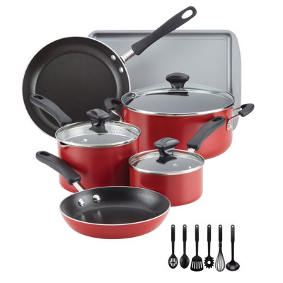 Farberware Cookstart DiamondMax Nonstick Pots and Pans Cookware Set with Baking Pan and Cooking Tools, 15 Piece, Red
