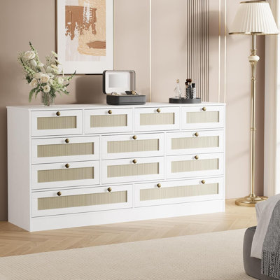 Commode 12 tiroirs en bois noir pour chambre à coucher - Commode large en rotin, meuble télé en bois robuste pour téléviseur de 65 po, rangement profond pour le salon, le placard, le couloir