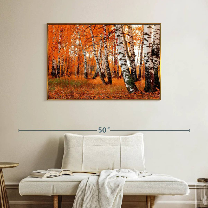 Forêt de bouleaux orange, Cadre flottant doré, 40 po x 27 po