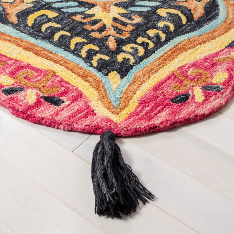 Tapis rond en laine touffeté à la main à motif floral rose / mauve, Rond 5 pi