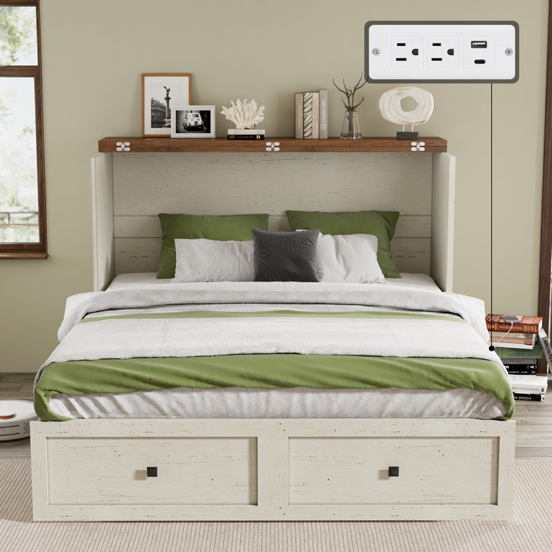 Wilkinson Farmhouse Full Murphy Bed with Large Storage Drawer & Charging Station, White
