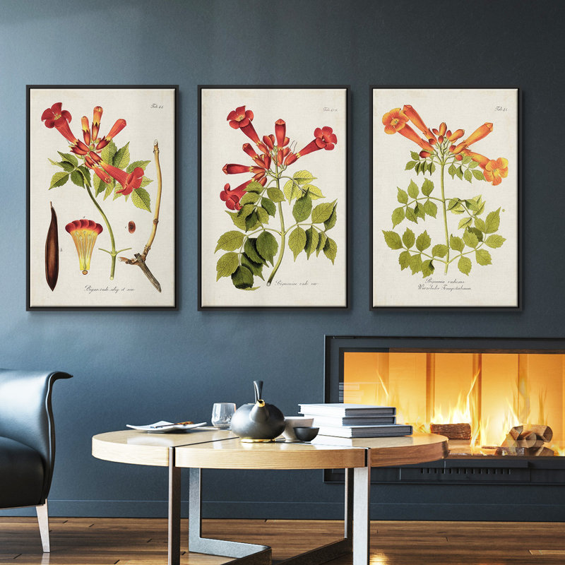 «Tropical Trumpet Flowers I», ensemble de 3 pièces encadrées sur toile, Noir, H 40 po x l 78 po
