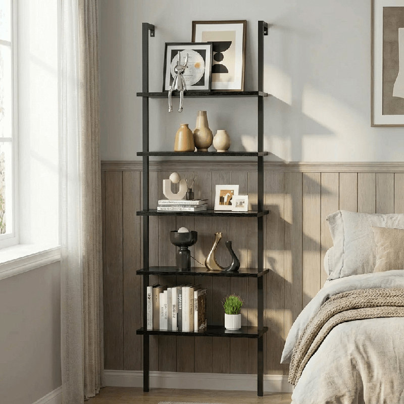 5-Tier Bookshelf Wall Mount Ladder Bookcase Industrial Standing Corner Bookshelf With Wood Board And Metal Frame, Modern Tall Narrow Storage Organizer For Home Office(Set Of 2)