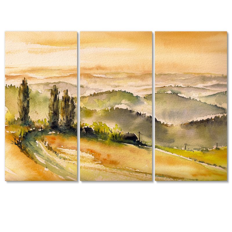 Paysage rétro avec vignobles - peinture sur toile tendue 3 pièces, H 40 po x l 60 po x P 1 po