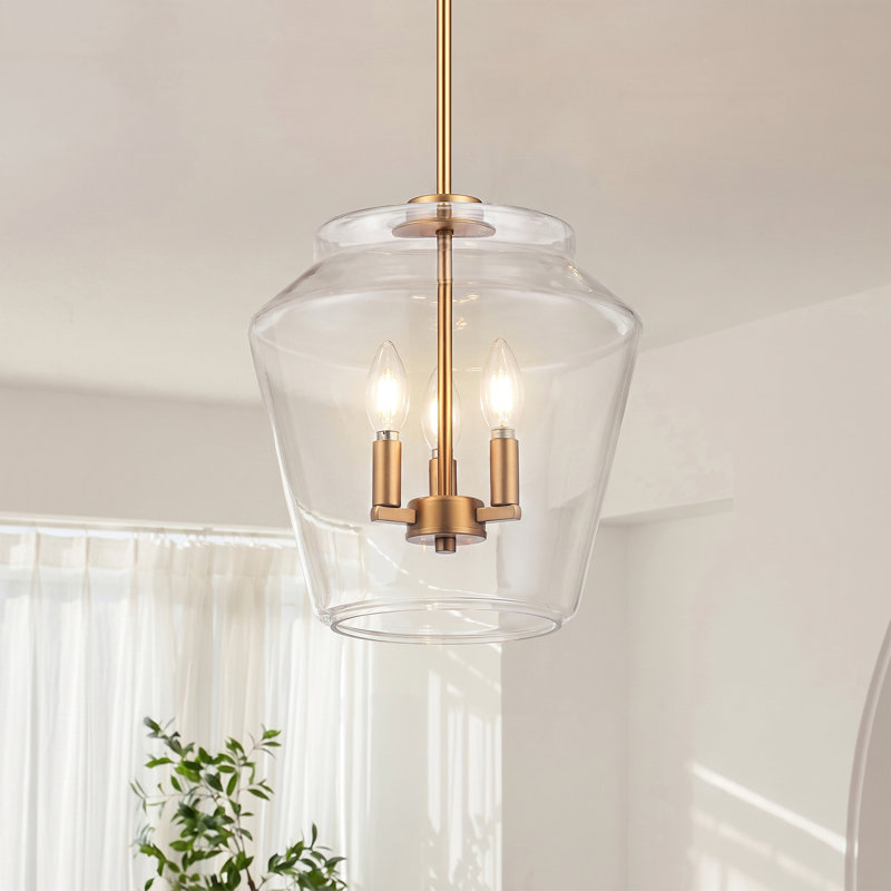 Suspension moderne unique à 3 lumières en verre transparent, à intensité variable, hauteur réglable, pour îlot de cuisine.