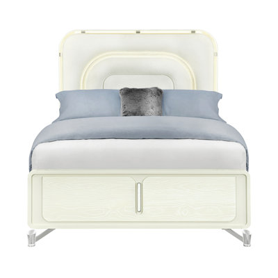 Grand lit à panneau beige avec tête de lit à DEL, style moderne, sommier tapissier requis, pieds géométriques, coins arrondis, bois massif et fabrication, revêtement pour chambre à coucher avec design, nécessaire, rebords, rembourrage,