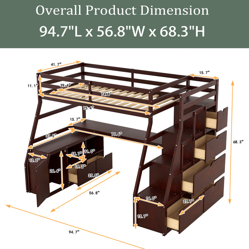 Graclynn Kids Twin Loft Bed with Drawers, Brown