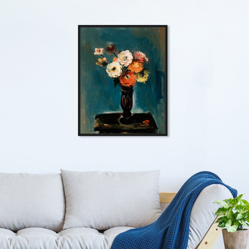 Fleurs par Joseph Kutter - Peinture, H 20 po x l 17 po, Toile avec cadre noir