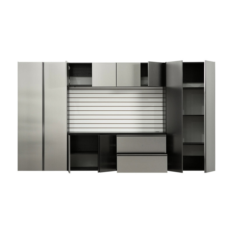 128 po X 72 po 20 po Armoire de garage - série. Fixation murale, portes et tiroirs à fermeture en douceur, rangement extra profond, chaleur de l'eau, Stain Scratch Series 7, gris métallique, fermeture, finition
