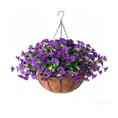 Faux fleurs artificielles avec plantes suspendues Panier de fleurs pour l'extérieur, résistant aux rayons UV, soie soyeuse suspendue Gloire du matin dans un pot à fleurs, véritable pétunias pour l'extérieur, patio, porche, balcon, décoration de jardin