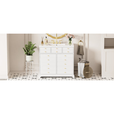 Meuble-lavabo de 36 po en bois massif et lavabo en céramique, 2 tiroirs, portes, blanc, armoire généreuse, espace suffisant