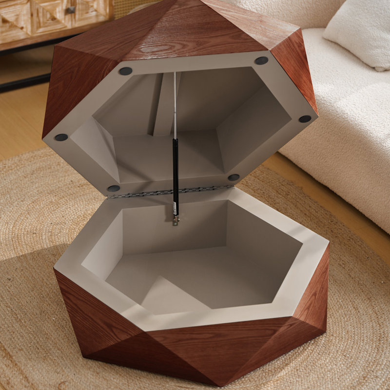 Table basse 36,61 po style rétro Polygon, table basse cylindrique en placage de bois massif, Brun-roux