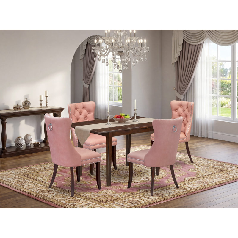 Ensemble de salle à manger 5 pièces comprenant une table rectangulaire en bois avec rallonge amovible et 4 chaises Parson, acajou